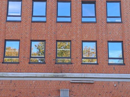 Ausschnitt aus der Fassade eines Bürogebäudes aus senkrecht und waagerecht gemauertem Backstein. Die fünf dunklen Kunststofffenster im ersten und zweiten Stockwerk treten jeweils in vertikalen Reihen etwas zurück. Ein Profilgesims aus grauem Waschbeton über die gesamte Hausbreite trennt das Erdgeschoss ab. In den Fenstern der ersten Etage spiegeln sich ein wolkenlos blauer Himmel und eine sommerlich belaubte Baumkrone