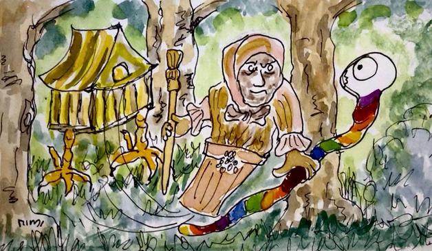 Zeichnung Ink aquarelliert Cartoonart. Ein Wald. Links im Bild, zwischen zwei Bäumen, eine Hütte, die auf zwei großen Hühnerbeinen steht. Rechts davon eine Gestalt, ähnlich einer alten Frau mit leeren Augen, die in einer Art Topf steckt, mit dem sie aus der Hütte geflogen kam. In der rechten Hand hält sie einen Stab, in der linken hält sie einen bunten, einäugigen Wurm fest, der die Alte etwas ungläubig ansieht.